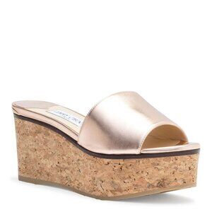 Jimmy Choo Metallic Leather DeeDee Cork Platform Wedge Sandals Rose Gold Size 38